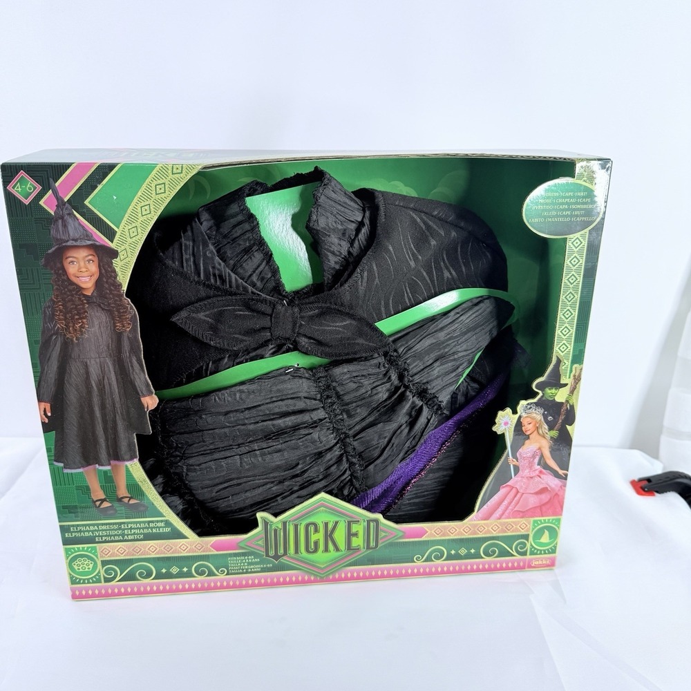 Wicked Movie Deluxe Elphaba‎ Costume Dress Cape Hat Kids Size 4-6 Jakks Pacific